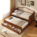 Struttura letto a giorno Whisen Twin Size, divano letto in legno con letto estraibile, schienale capitonné, 2 cassetti portaoggetti