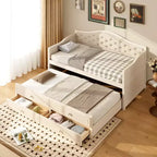 Struttura letto a giorno Whisen Twin Size, divano letto in legno con letto estraibile, schienale capitonné, 2 cassetti portaoggetti