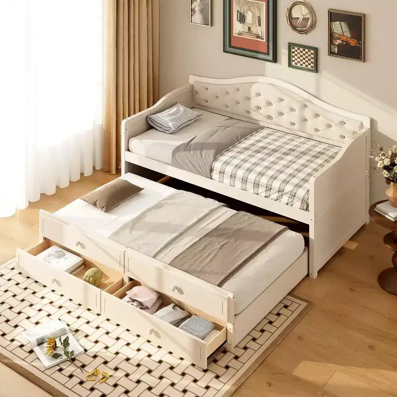 Struttura letto a giorno Whisen Twin Size, divano letto in legno con letto estraibile, schienale capitonné, 2 cassetti portaoggetti