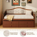 Struttura letto a giorno Whisen Twin Size, divano letto in legno con letto estraibile, schienale capitonné, 2 cassetti portaoggetti