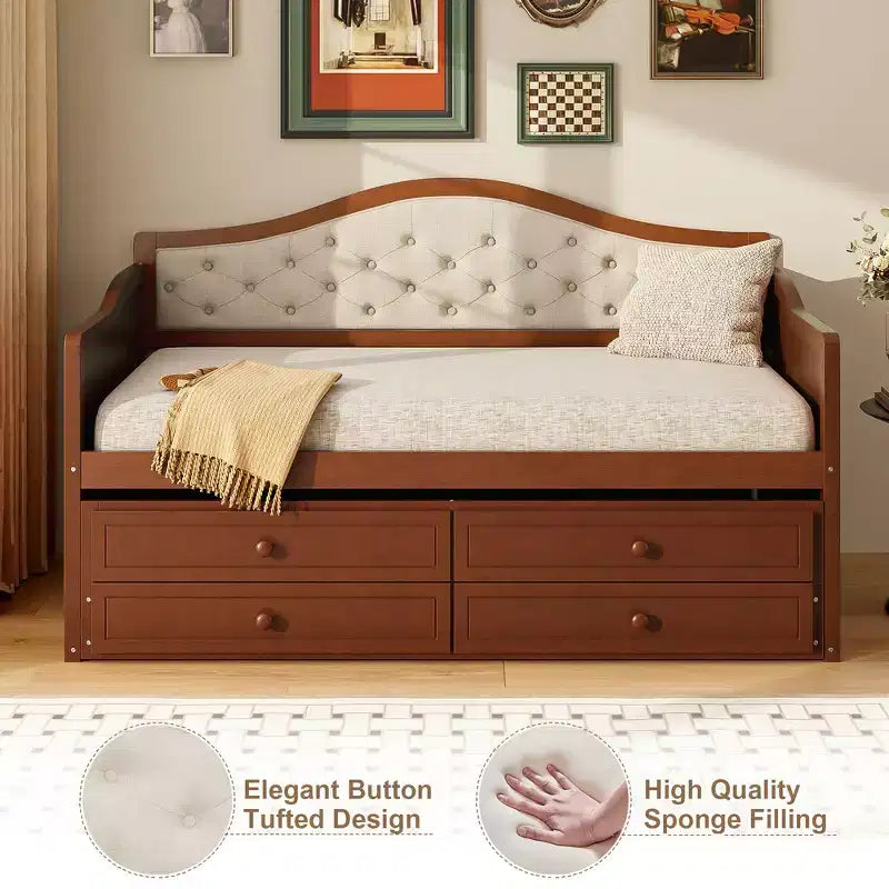 Struttura letto a giorno Whisen Twin Size, divano letto in legno con letto estraibile, schienale capitonné, 2 cassetti portaoggetti
