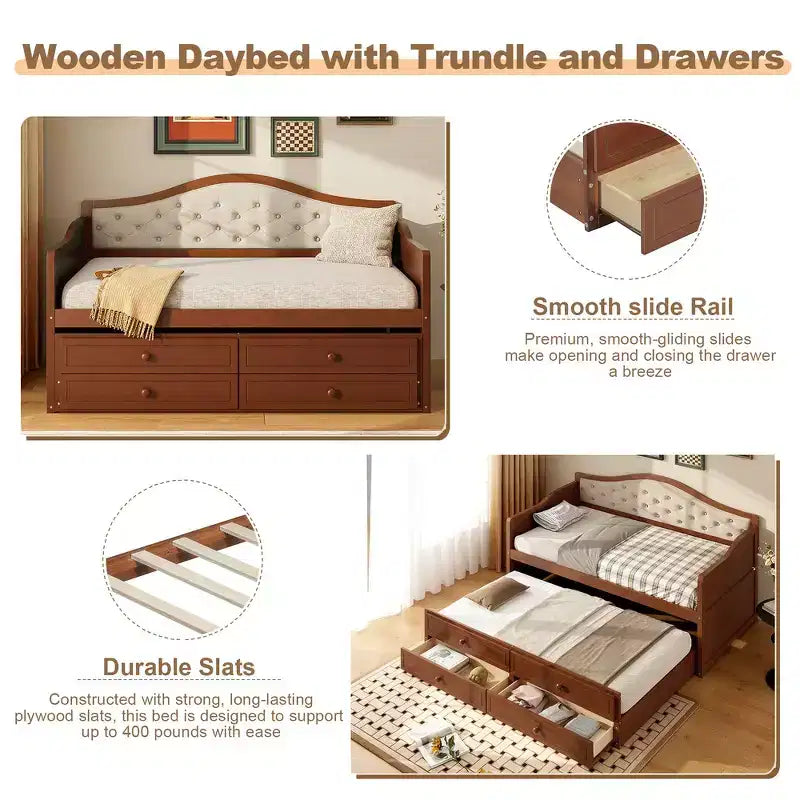 Struttura letto a giorno Whisen Twin Size, divano letto in legno con letto estraibile, schienale capitonné, 2 cassetti portaoggetti