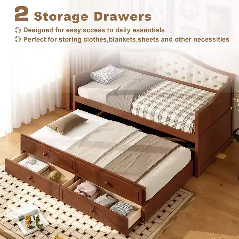 Struttura letto a giorno Whisen Twin Size, divano letto in legno con letto estraibile, schienale capitonné, 2 cassetti portaoggetti
