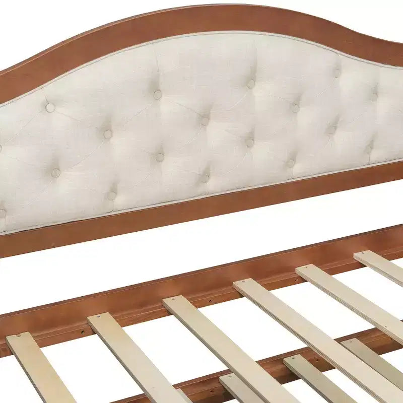 Struttura letto a giorno Whisen Twin Size, divano letto in legno con letto estraibile, schienale capitonné, 2 cassetti portaoggetti