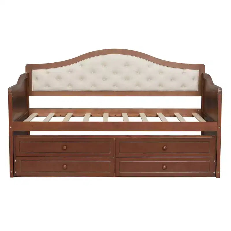 Struttura letto a giorno Whisen Twin Size, divano letto in legno con letto estraibile, schienale capitonné, 2 cassetti portaoggetti