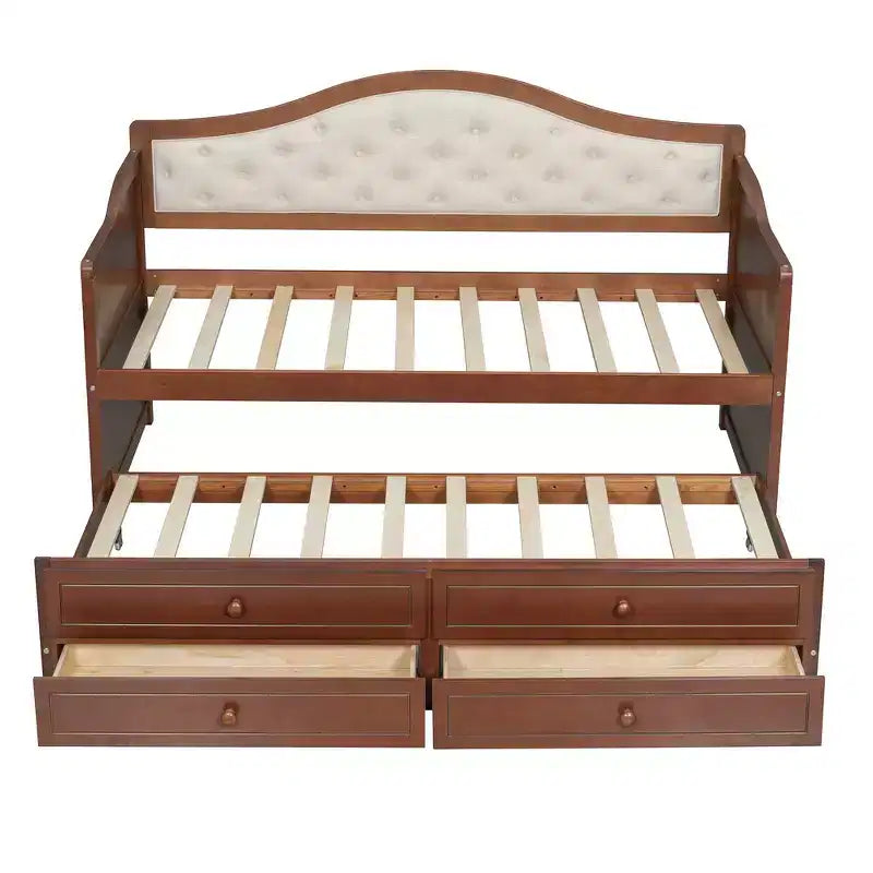 Struttura letto a giorno Whisen Twin Size, divano letto in legno con letto estraibile, schienale capitonné, 2 cassetti portaoggetti