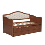 Struttura letto a giorno Whisen Twin Size, divano letto in legno con letto estraibile, schienale capitonné, 2 cassetti portaoggetti