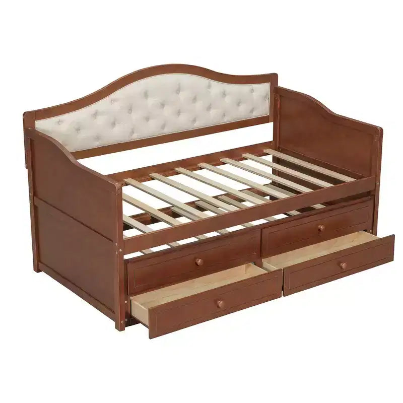 Struttura letto a giorno Whisen Twin Size, divano letto in legno con letto estraibile, schienale capitonné, 2 cassetti portaoggetti