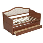Struttura letto a giorno Whisen Twin Size, divano letto in legno con letto estraibile, schienale capitonné, 2 cassetti portaoggetti
