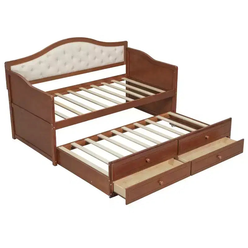 Struttura letto a giorno Whisen Twin Size, divano letto in legno con letto estraibile, schienale capitonné, 2 cassetti portaoggetti