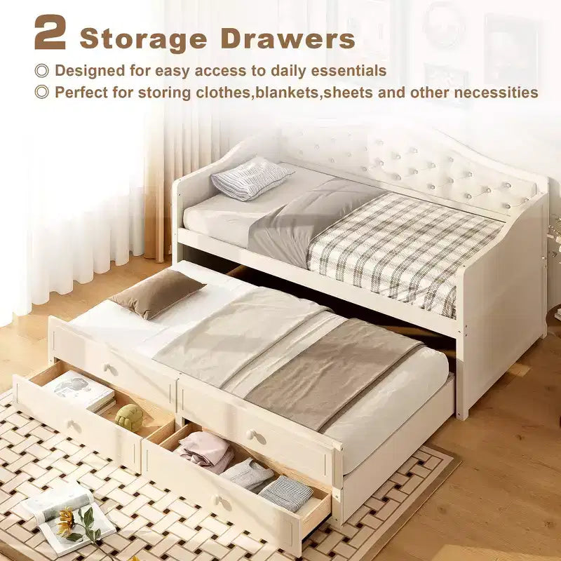 Struttura letto a giorno Whisen Twin Size, divano letto in legno con letto estraibile, schienale capitonné, 2 cassetti portaoggetti