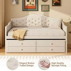Struttura letto a giorno Whisen Twin Size, divano letto in legno con letto estraibile, schienale capitonné, 2 cassetti portaoggetti