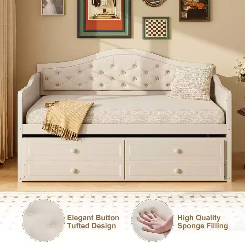 Struttura letto a giorno Whisen Twin Size, divano letto in legno con letto estraibile, schienale capitonné, 2 cassetti portaoggetti