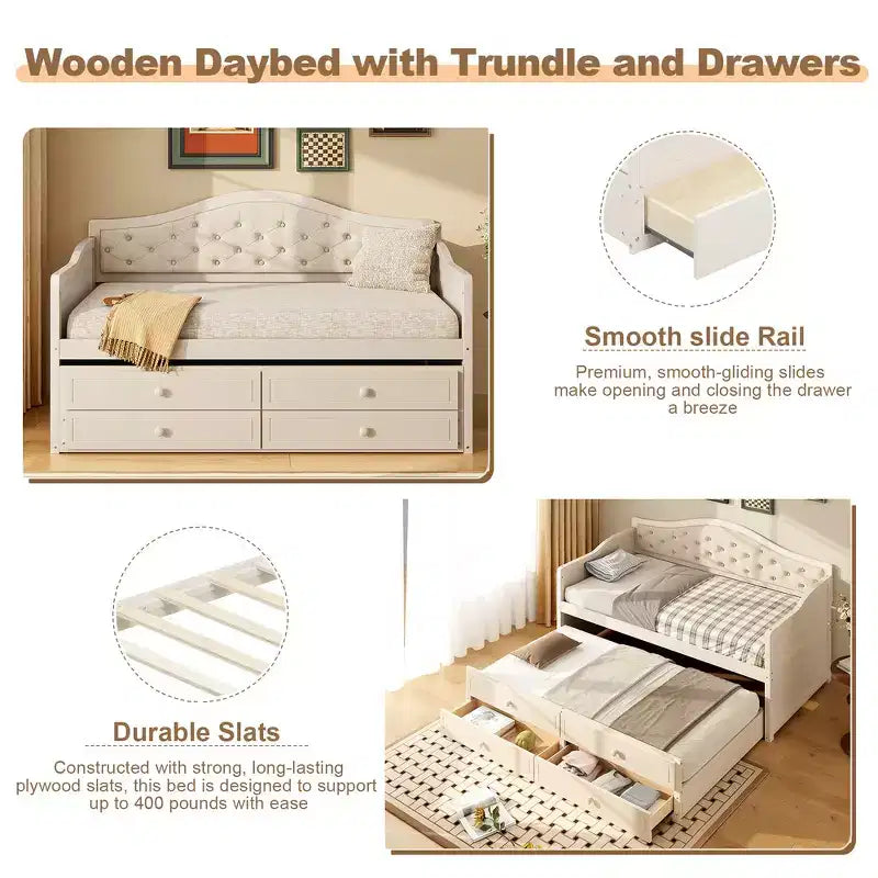 Struttura letto a giorno Whisen Twin Size, divano letto in legno con letto estraibile, schienale capitonné, 2 cassetti portaoggetti