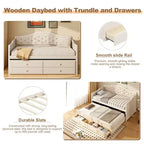 Struttura letto a giorno Whisen Twin Size, divano letto in legno con letto estraibile, schienale capitonné, 2 cassetti portaoggetti