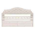 Struttura letto a giorno Whisen Twin Size, divano letto in legno con letto estraibile, schienale capitonné, 2 cassetti portaoggetti