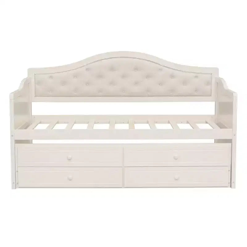 Struttura letto a giorno Whisen Twin Size, divano letto in legno con letto estraibile, schienale capitonné, 2 cassetti portaoggetti