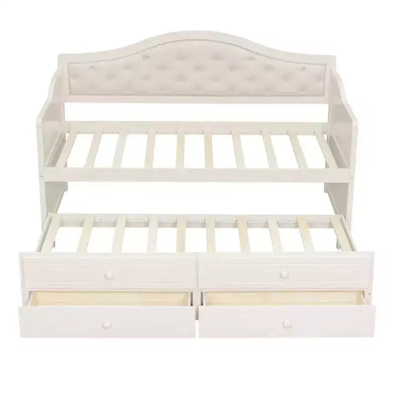 Struttura letto a giorno Whisen Twin Size, divano letto in legno con letto estraibile, schienale capitonné, 2 cassetti portaoggetti