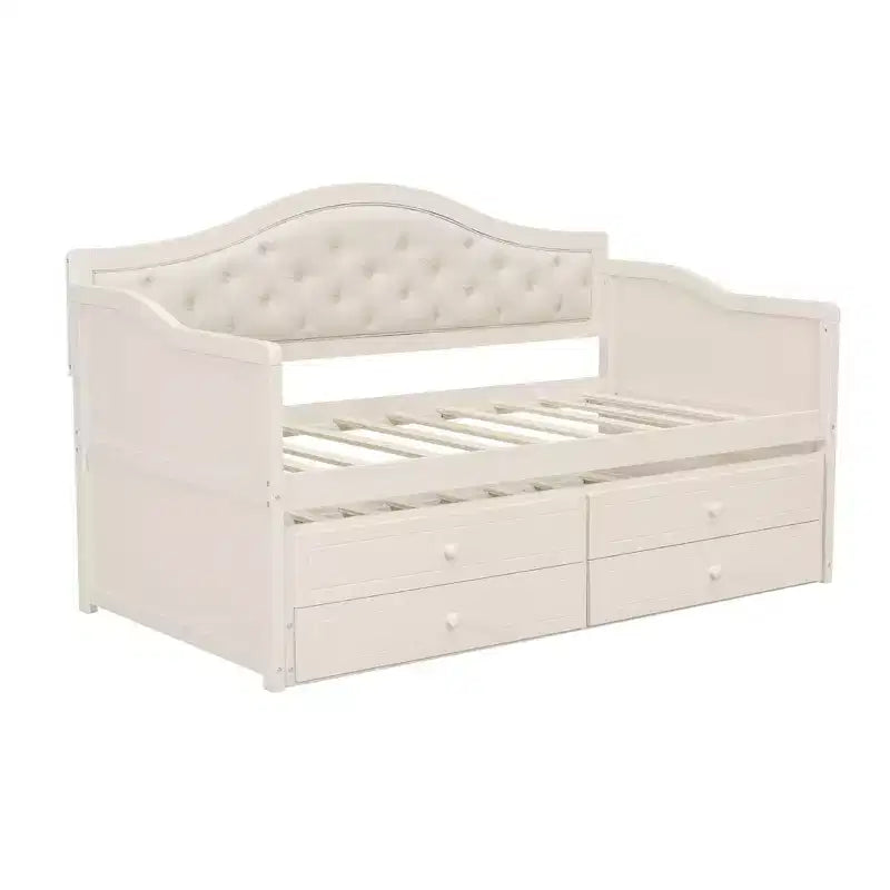 Struttura letto a giorno Whisen Twin Size, divano letto in legno con letto estraibile, schienale capitonné, 2 cassetti portaoggetti