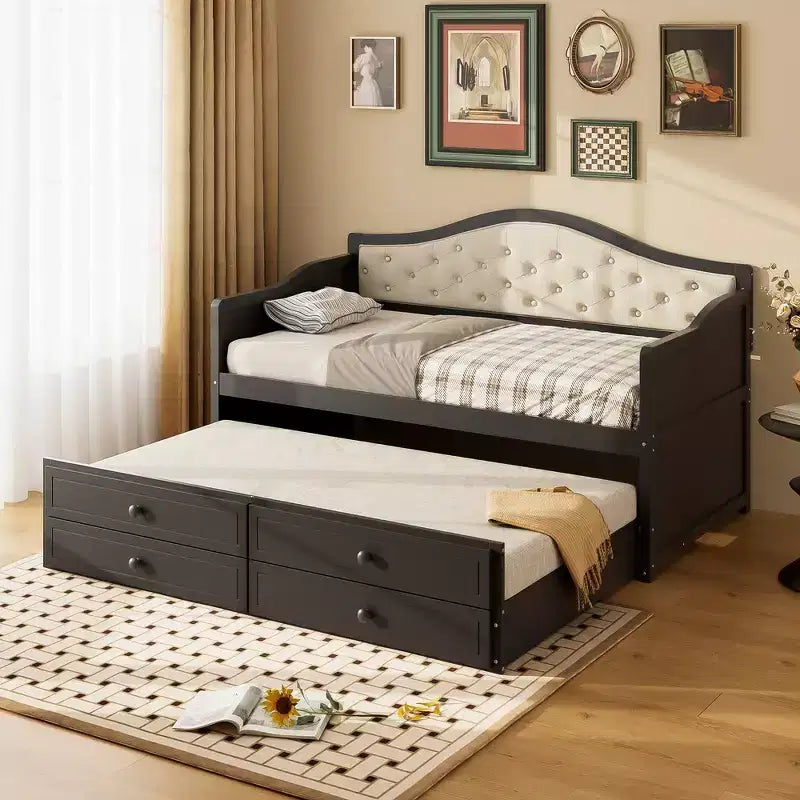 Struttura letto a giorno Whisen Twin Size, divano letto in legno con letto estraibile, schienale capitonné, 2 cassetti portaoggetti