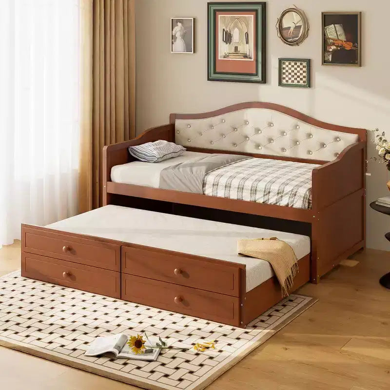 Struttura letto a giorno Whisen Twin Size, divano letto in legno con letto estraibile, schienale capitonné, 2 cassetti portaoggetti