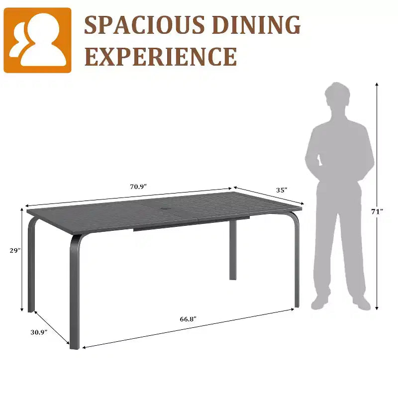 Tavolo da pranzo da esterno moderno da 71 pollici con foro per ombrellone - Tavolo da patio in alluminio, design resistente alle intemperie e alla ruggine per ristoranti, cortili, a bordo piscina