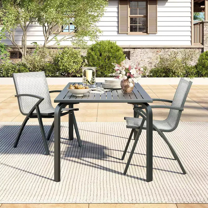 Tavolo da pranzo da esterno moderno da 71 pollici con foro per ombrellone - Tavolo da patio in alluminio, design resistente alle intemperie e alla ruggine per ristoranti, cortili, a bordo piscina