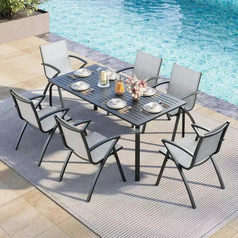 Tavolo da pranzo da esterno moderno da 71 pollici con foro per ombrellone - Tavolo da patio in alluminio, design resistente alle intemperie e alla ruggine per ristoranti, cortili, a bordo piscina