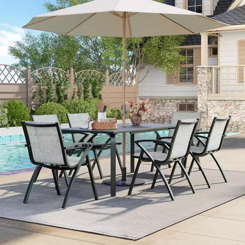 Tavolo da pranzo da esterno moderno da 71 pollici con foro per ombrellone - Tavolo da patio in alluminio, design resistente alle intemperie e alla ruggine per ristoranti, cortili, a bordo piscina