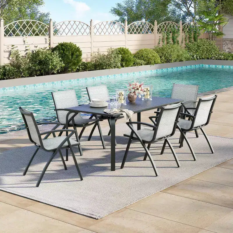 Tavolo da pranzo da esterno moderno da 71 pollici con foro per ombrellone - Tavolo da patio in alluminio, design resistente alle intemperie e alla ruggine per ristoranti, cortili, a bordo piscina