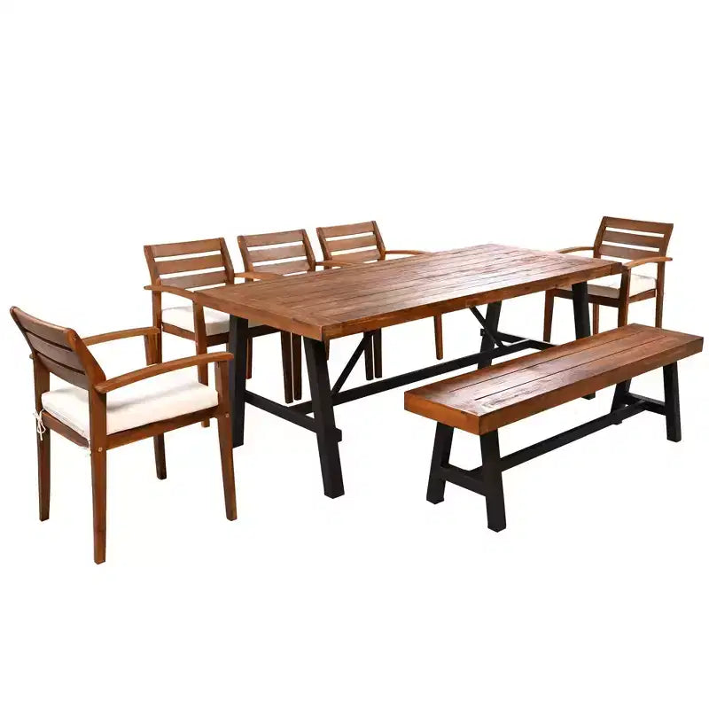 Set da pranzo da esterno CLIHOME in legno per 7-8 persone, mobili da pranzo da esterno con cuscini rimovibili, sedie e panca ergonomiche