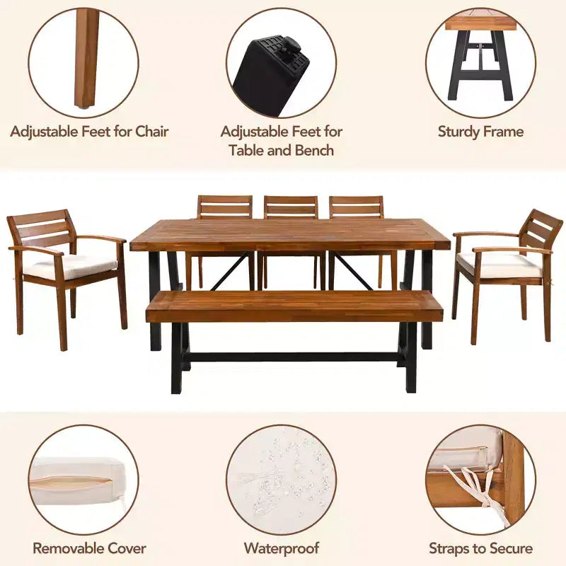 Set da pranzo da esterno CLIHOME in legno per 7-8 persone, mobili da pranzo da esterno con cuscini rimovibili, sedie e panca ergonomiche