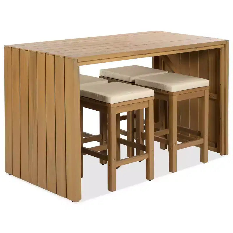 Set da bar da esterno CLIHOME 5 pezzi, tavolo da bar altezza bancone in legno di acacia e quattro sgabelli con cuscini, set da pranzo da bar in legno
