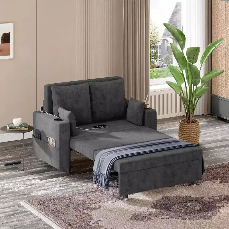 Divano Letto Convertibile, Divano Letto Estraibile da 56 Pollici, Divano Letto a 2 Posti con 4 Cuscini, Ricarica USB, Portabicchieri, Tasche Laterali per Soggiorno, Camera da Letto