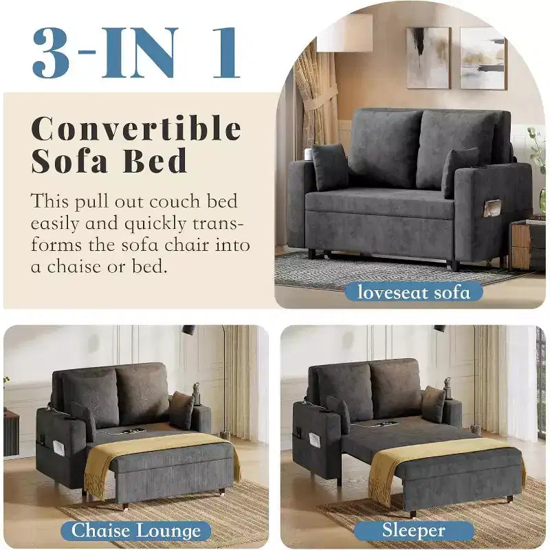 Divano Letto Convertibile, Divano Letto Estraibile da 56 Pollici, Divano Letto a 2 Posti con 4 Cuscini, Ricarica USB, Portabicchieri, Tasche Laterali per Soggiorno, Camera da Letto