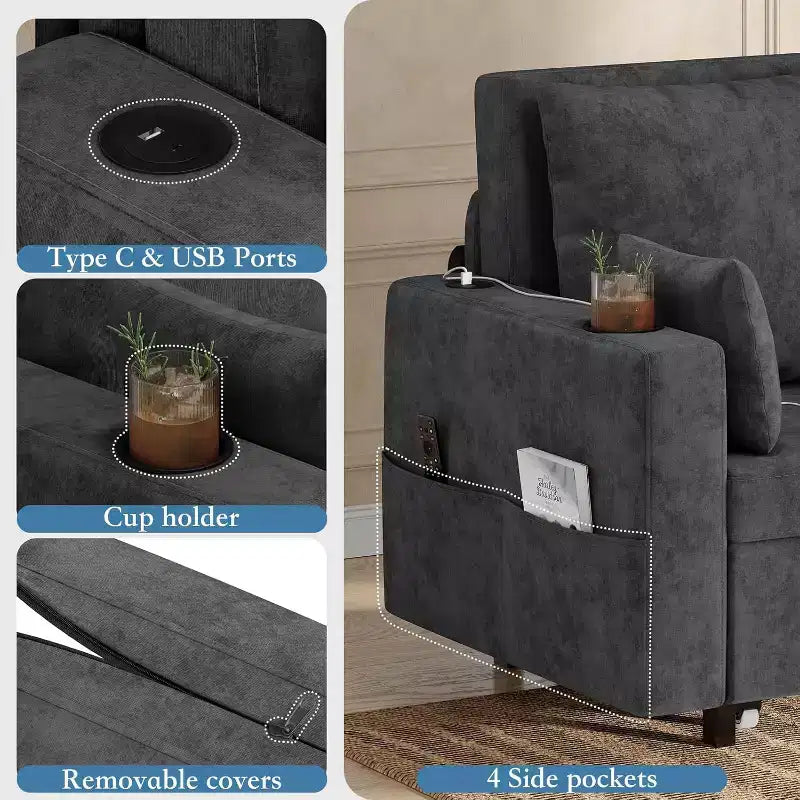 Divano Letto Convertibile, Divano Letto Estraibile da 56 Pollici, Divano Letto a 2 Posti con 4 Cuscini, Ricarica USB, Portabicchieri, Tasche Laterali per Soggiorno, Camera da Letto