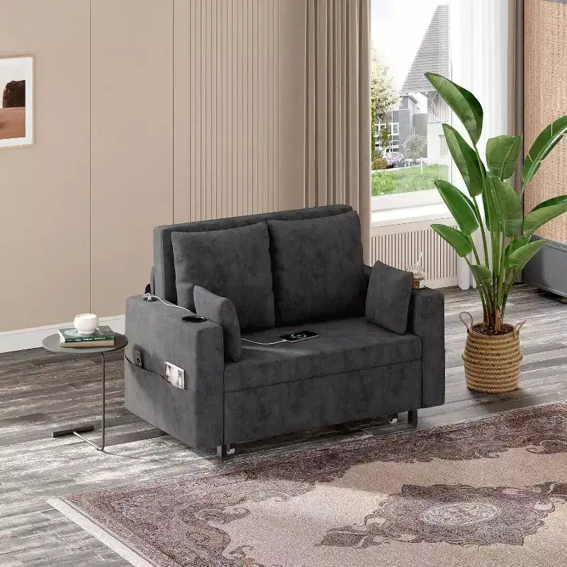 Divano Letto Convertibile, Divano Letto Estraibile da 56 Pollici, Divano Letto a 2 Posti con 4 Cuscini, Ricarica USB, Portabicchieri, Tasche Laterali per Soggiorno, Camera da Letto