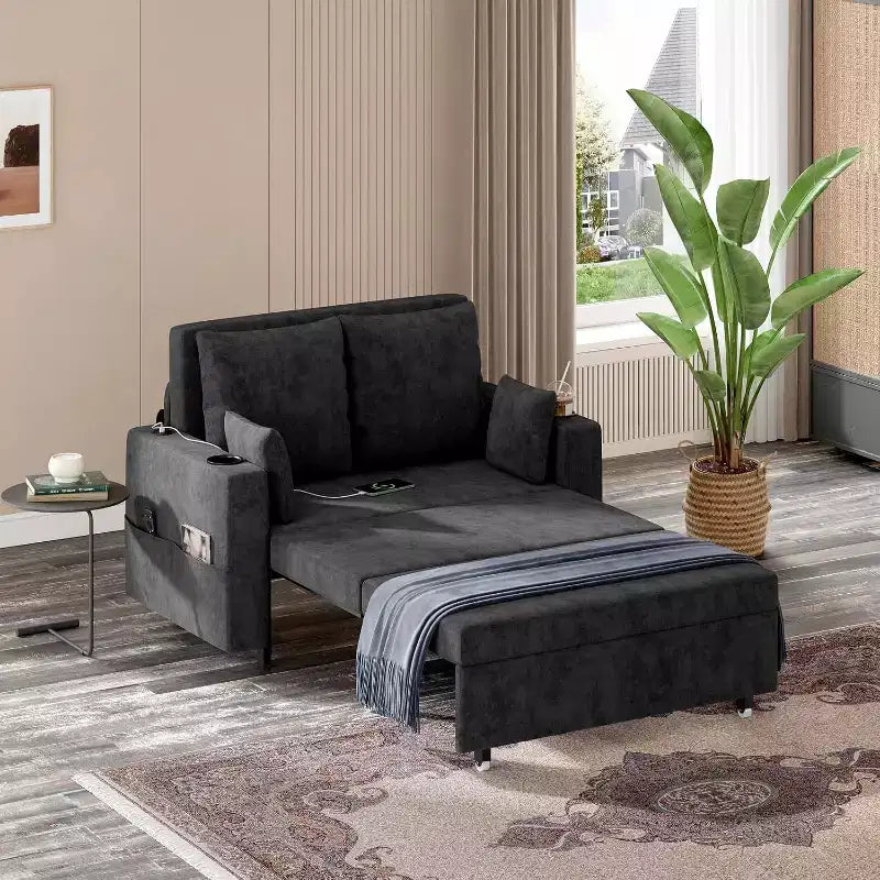Divano Letto Convertibile, Divano Letto Estraibile da 56 Pollici, Divano Letto a 2 Posti con 4 Cuscini, Ricarica USB, Portabicchieri, Tasche Laterali per Soggiorno, Camera da Letto
