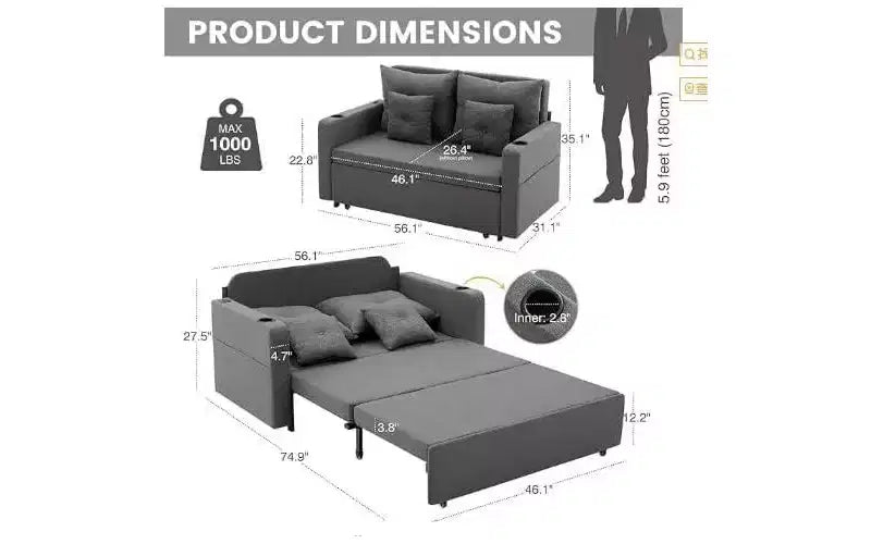 Divano Letto Convertibile, Divano Letto Estraibile da 56 Pollici, Divano Letto a 2 Posti con 4 Cuscini, Ricarica USB, Portabicchieri, Tasche Laterali per Soggiorno, Camera da Letto