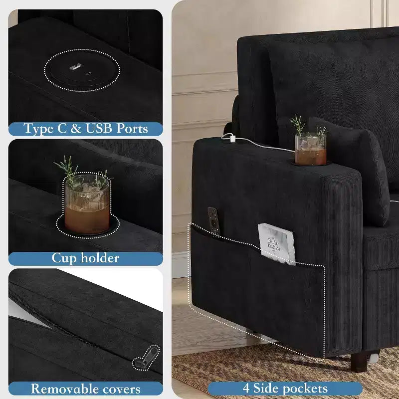 Divano Letto Convertibile, Divano Letto Estraibile da 56 Pollici, Divano Letto a 2 Posti con 4 Cuscini, Ricarica USB, Portabicchieri, Tasche Laterali per Soggiorno, Camera da Letto