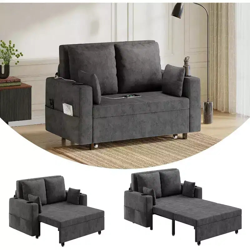 Divano Letto Convertibile, Divano Letto Estraibile da 56 Pollici, Divano Letto a 2 Posti con 4 Cuscini, Ricarica USB, Portabicchieri, Tasche Laterali per Soggiorno, Camera da Letto