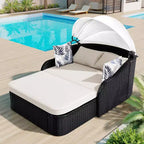 CLIHOME Outdoor Sunbed with Adjustable Canopy, Double Lounge, PE Rattan Daybed, Black Wicker and Cushion