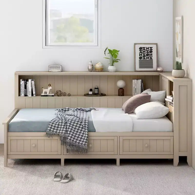 GDFStudio Simmons Wood Daybed with Storage Shelves and 3 Drawers
