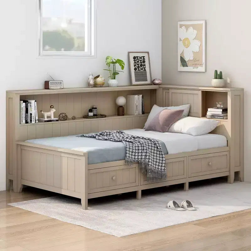 Divano letto GDFStudio Simmons in legno con mensole e 3 cassetti