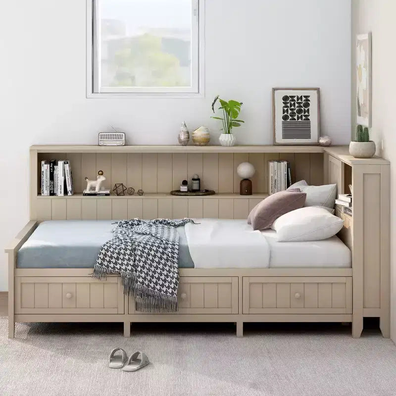 Clihome Letto a Giorno in Legno Misura Doppia con Ripiani Portaoggetti e 3 Cassetti