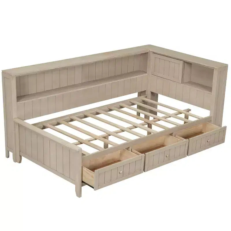 Clihome Letto a Giorno in Legno Misura Doppia con Ripiani Portaoggetti e 3 Cassetti
