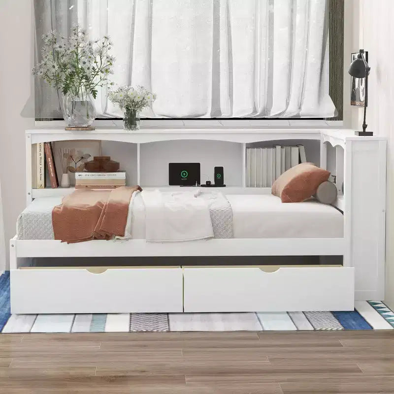 Panca letto singola Clihome con due cassetti portaoggetti, armadietti e porte USB
