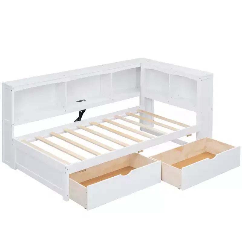 Panca letto singola Clihome con due cassetti portaoggetti, armadietti e porte USB