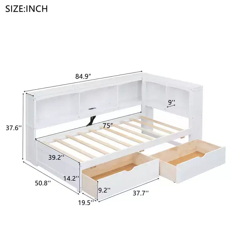 Panca letto singola Clihome con due cassetti portaoggetti, armadietti e porte USB