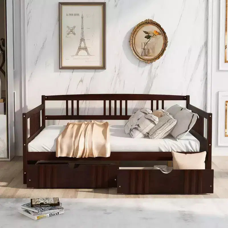 Divano Letto Matrimoniale - Telaio in Legno Convertibile con 2 Cassetti Contenitore per Camera Ospiti e Spazi Piccoli